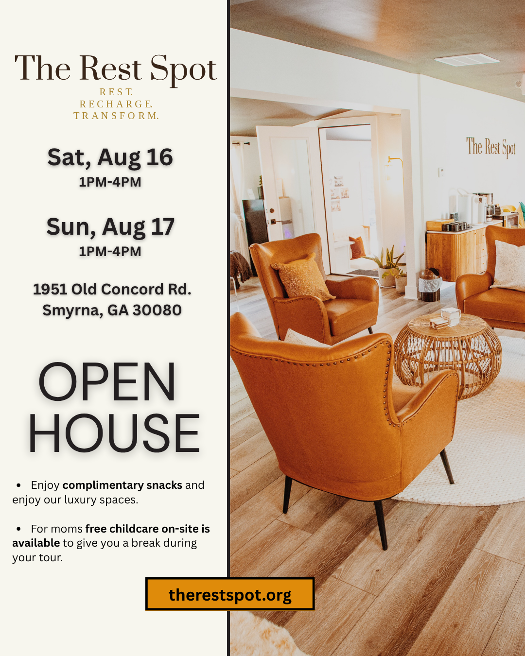 The rest lounge is featured in this image with details about the open house happening on August 16th -17th from 1p - 4p.