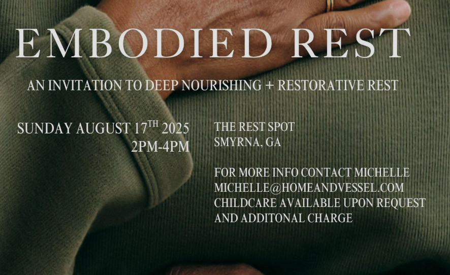 hand on heart background with text overlay for Embodied Rest Event